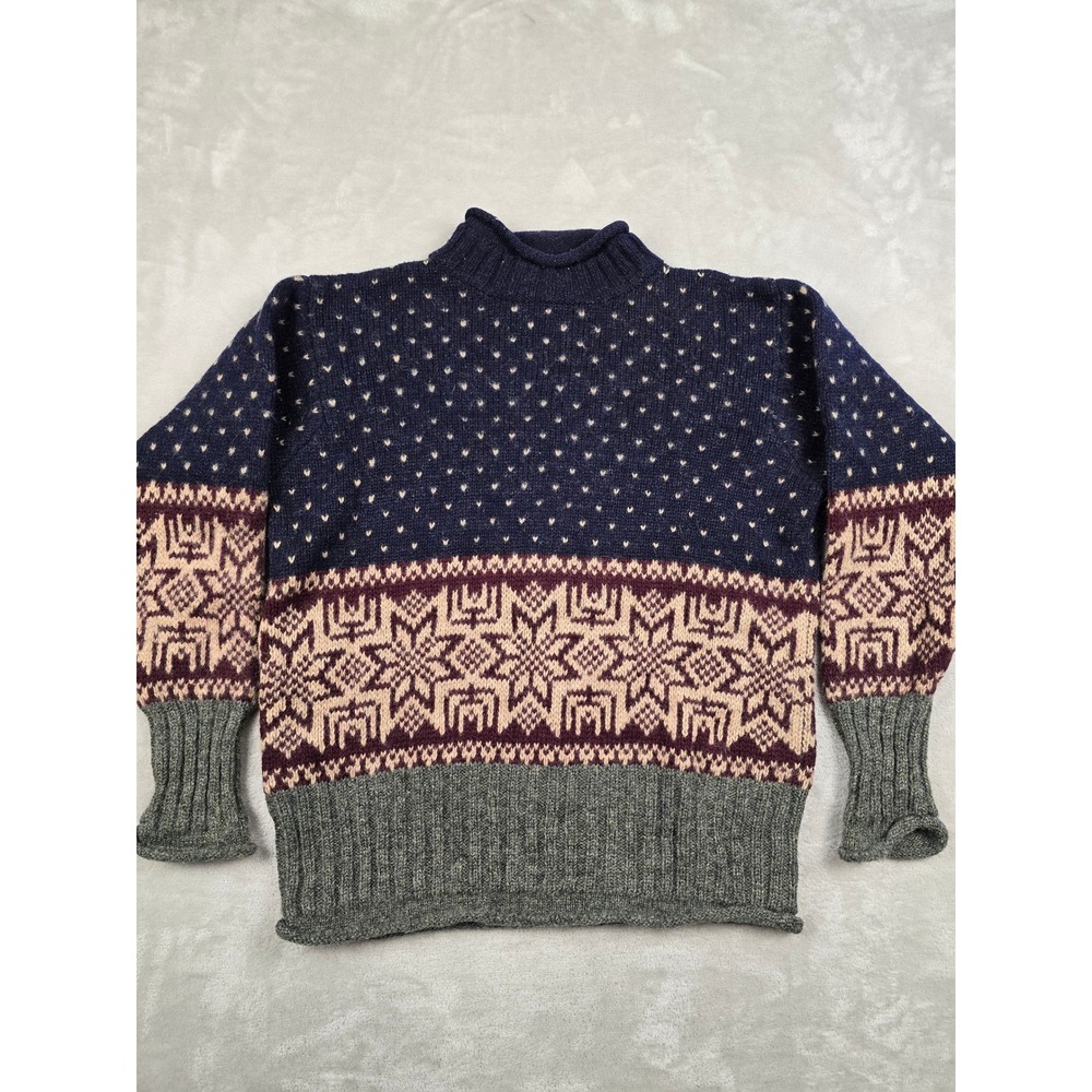 Vintage SKYR Mock Neck Sweater Women L Blue Fair Isle 100% Wool Knit Cottagecore